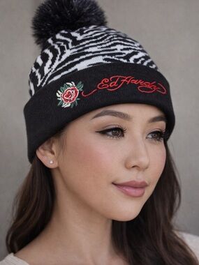 Ed Hardy- NWOT Black & White Pom Beanie with Rose Embroidery